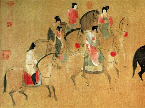 lady, horses, artwork, chinese
